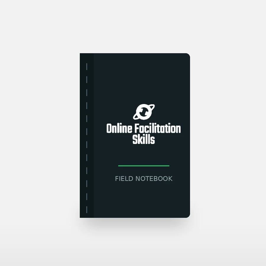 Hardcover notebook in deep slate with the Online Facilitation Skills lockup