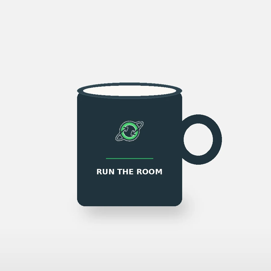 Teal ceramic mug with the Online Facilitation Skills mark and the line Run the Room