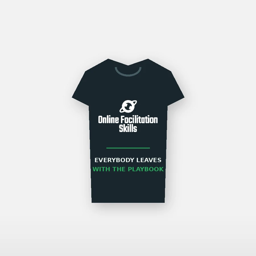Deep slate t-shirt with the Online Facilitation Skills lockup and the house line