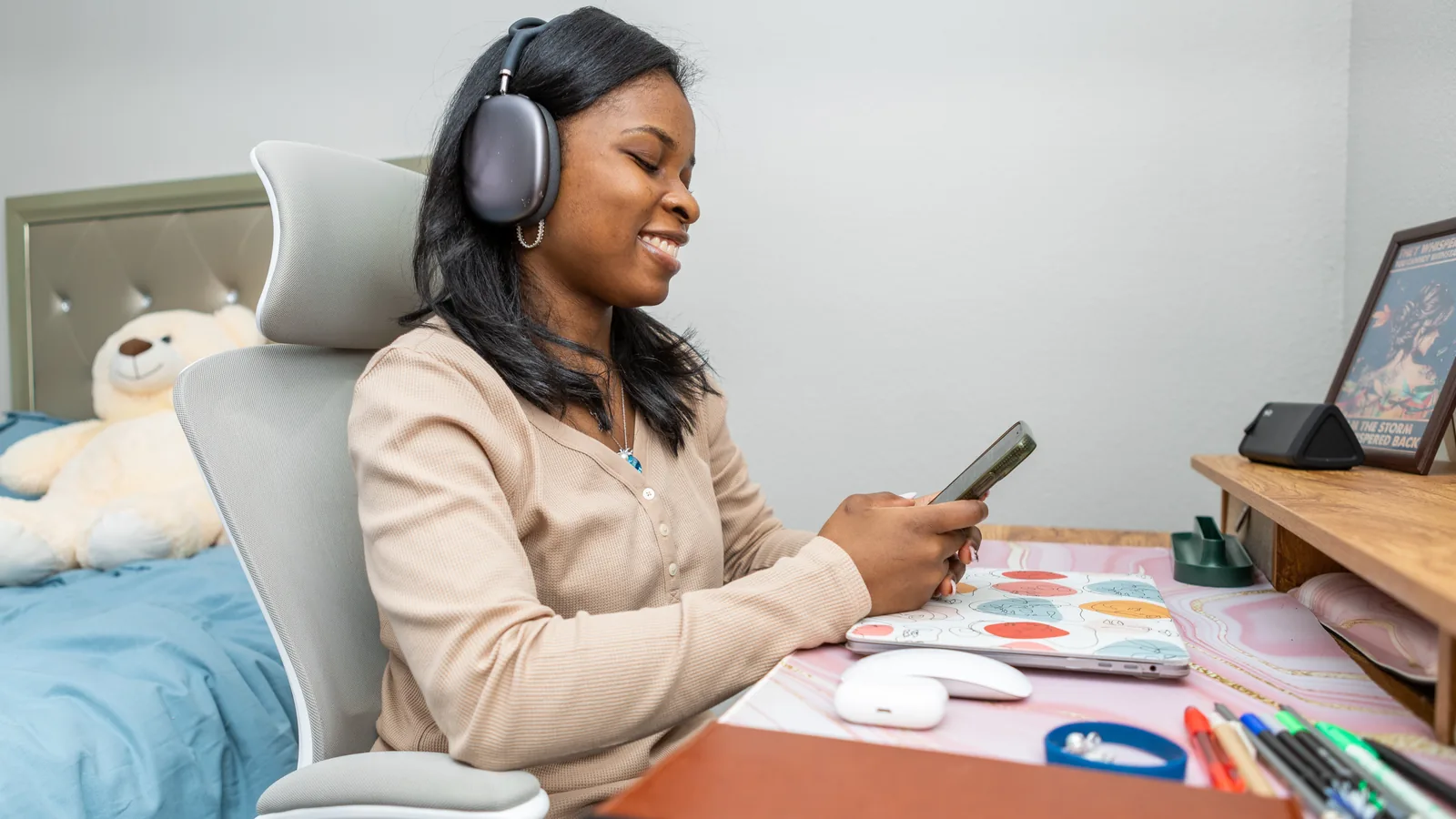 A professional wearing a headset during remote work