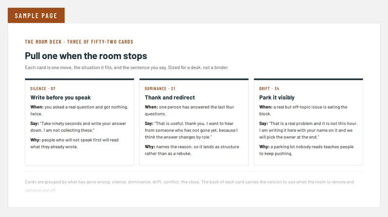 Three cards from The Room Deck. A silence card on writing before speaking, a dominance card on thanking and redirecting one person who has answered everything, and a drift card on parking an off topic issue visibly. Each card gives when to use it, the exact sentence to say, and why it works.