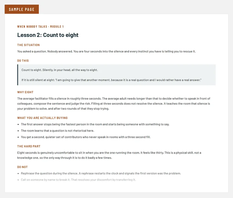 Lesson two of When Nobody Talks: count to eight. The page gives the moment it applies, the silent eight second count and the sentence to say if the silence holds, why three seconds is the default and why it fails, what the longer wait buys you, and two things not to do.