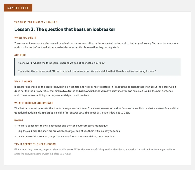Lesson three of The First Ten Minutes: the question that beats an icebreaker. The page gives the situation it fits, the exact question and callback sentence to say, why a one word answer sets a low floor for the room, three things not to do, and an exercise to run before the next lesson.